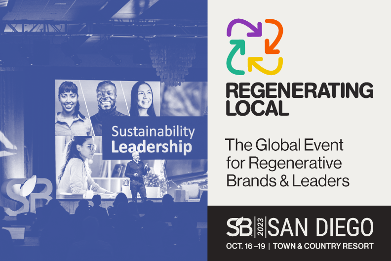 Picture of speaker on stage next to the words, "Regenerating Local: The Global Event for Regenerative Brands & Leaders"