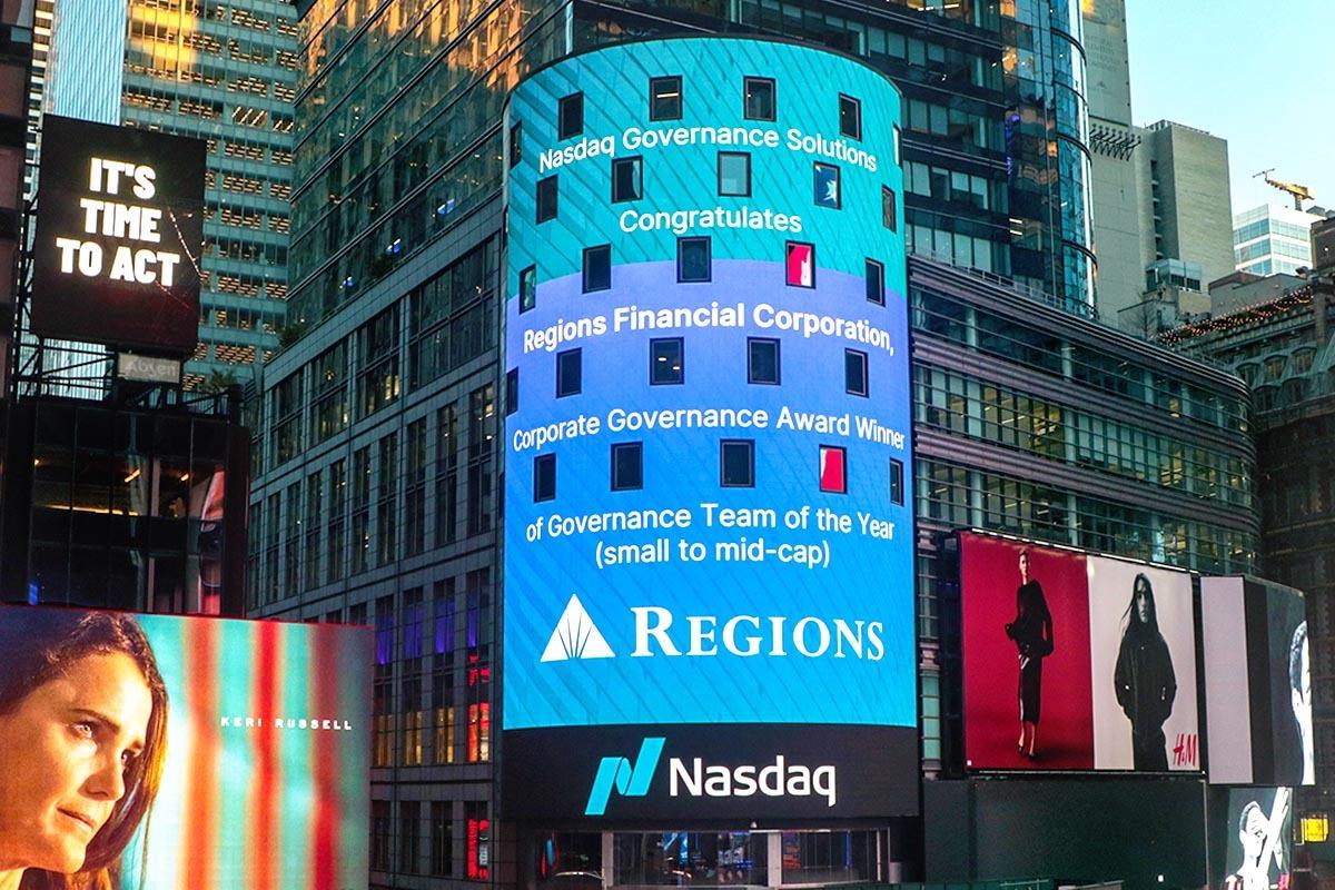 Nasdaq billboard congratulating Regions for their award