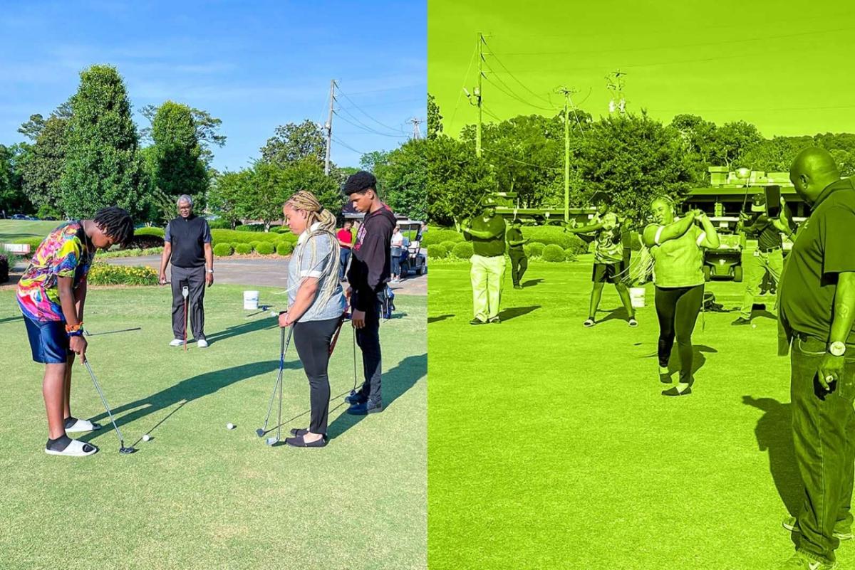 Black students practice putting and their golf swings