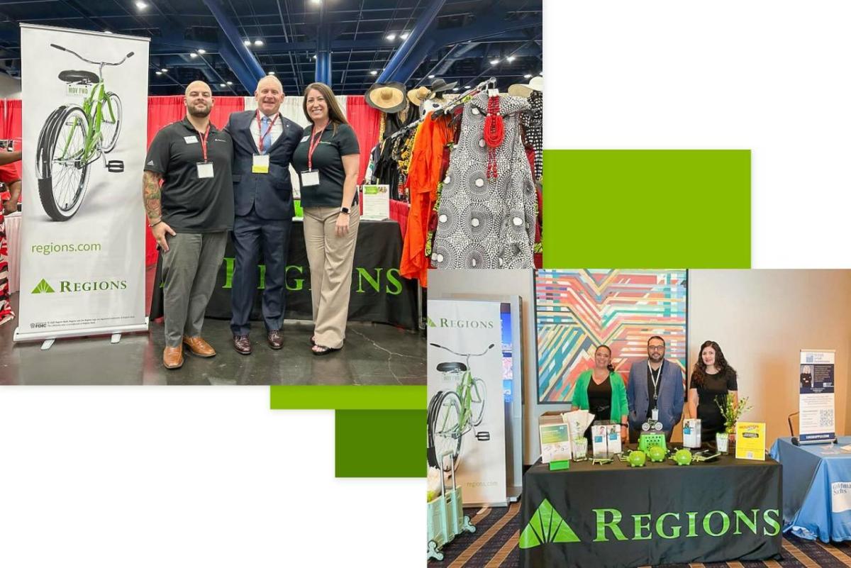 Two separate photo's from the community day expo. The photo on the left is of three people stood together in front of an event stand. The photo on the right is of people stood behind the regions event stand