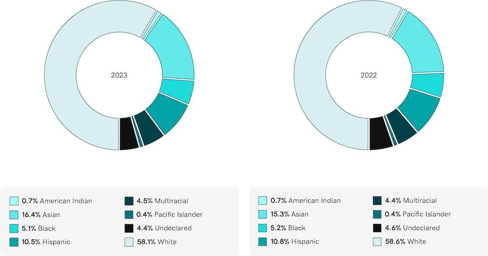 Comparison charts showing breakdown of U.S. Race and Ethnicity for 2022 and 2023.