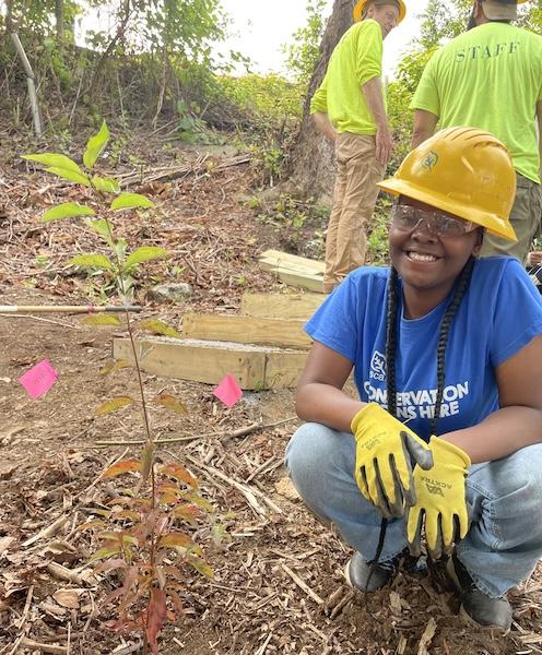 SCA Team member crouching on the ground next to a tree that she has planted.