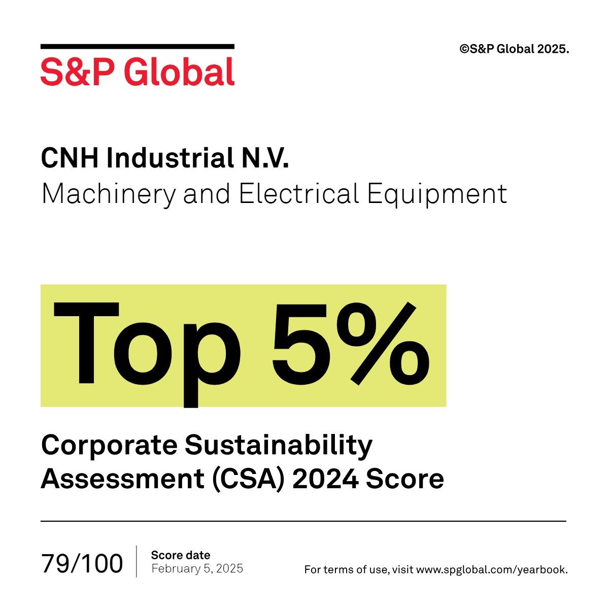 "S&P Global. CNH Industrial N.V. Machinery and Electrical Equipment. Top 5% Corporate Sustainability Assessment (CSA) 2024 Score"