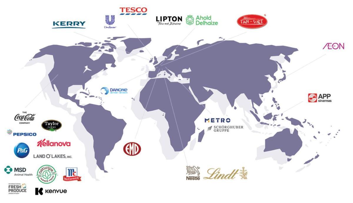 World map with SSCI member company logos 