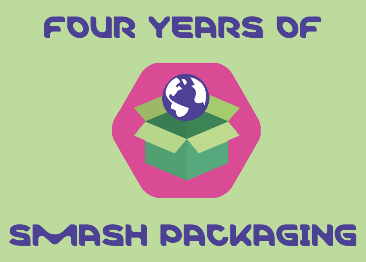 Purple letters that read, "Four years of smash packaging" border a hexagon that highlights a box and various graphics such as scissors and a globe. 