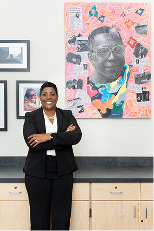 woman standing with picture