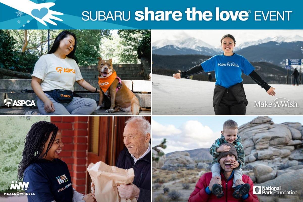 Collage of four photographs from Subaru Subaru Share the Love® Events featuring ASPCA, Make a Wish Foundation, Meals on Wheels, and the National Park Foundation