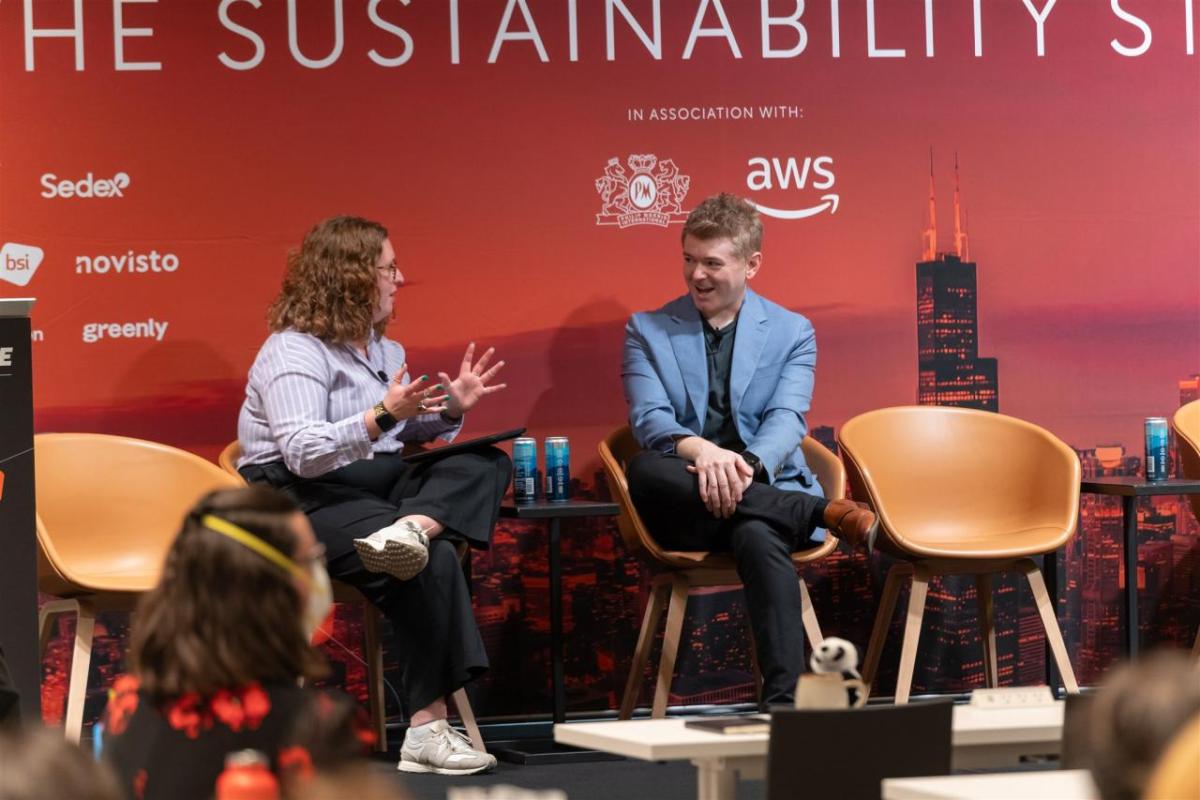 Two speakers in conversation on stage at the Sustainability LIVE Chicago 2025 event.