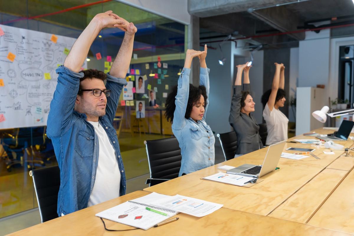 Employees taking a stretch break.