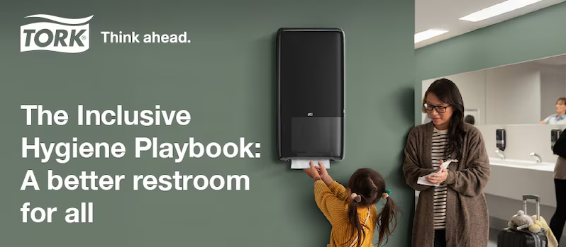 Tork: The Inclusive Hygiene Playbook. A better restroom for all. A mother and her daughter shown in a restroom.