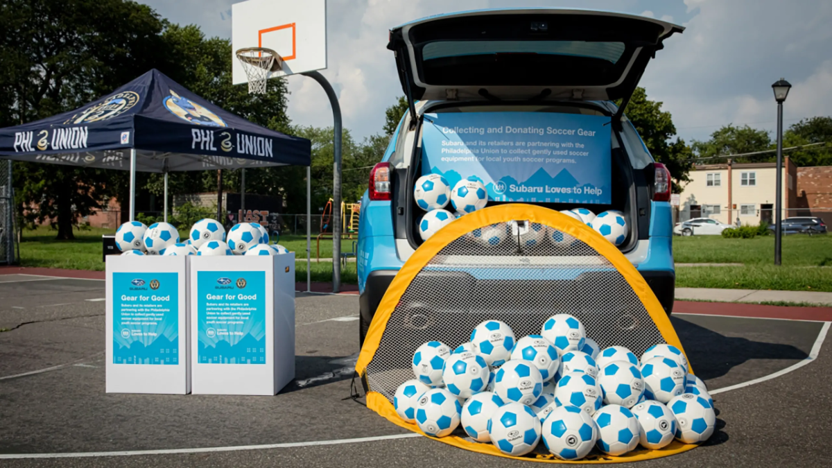 Image courtesy of Philadelphia Union Lots of soccer balls displayed outside a Subaru Loves to Help Event