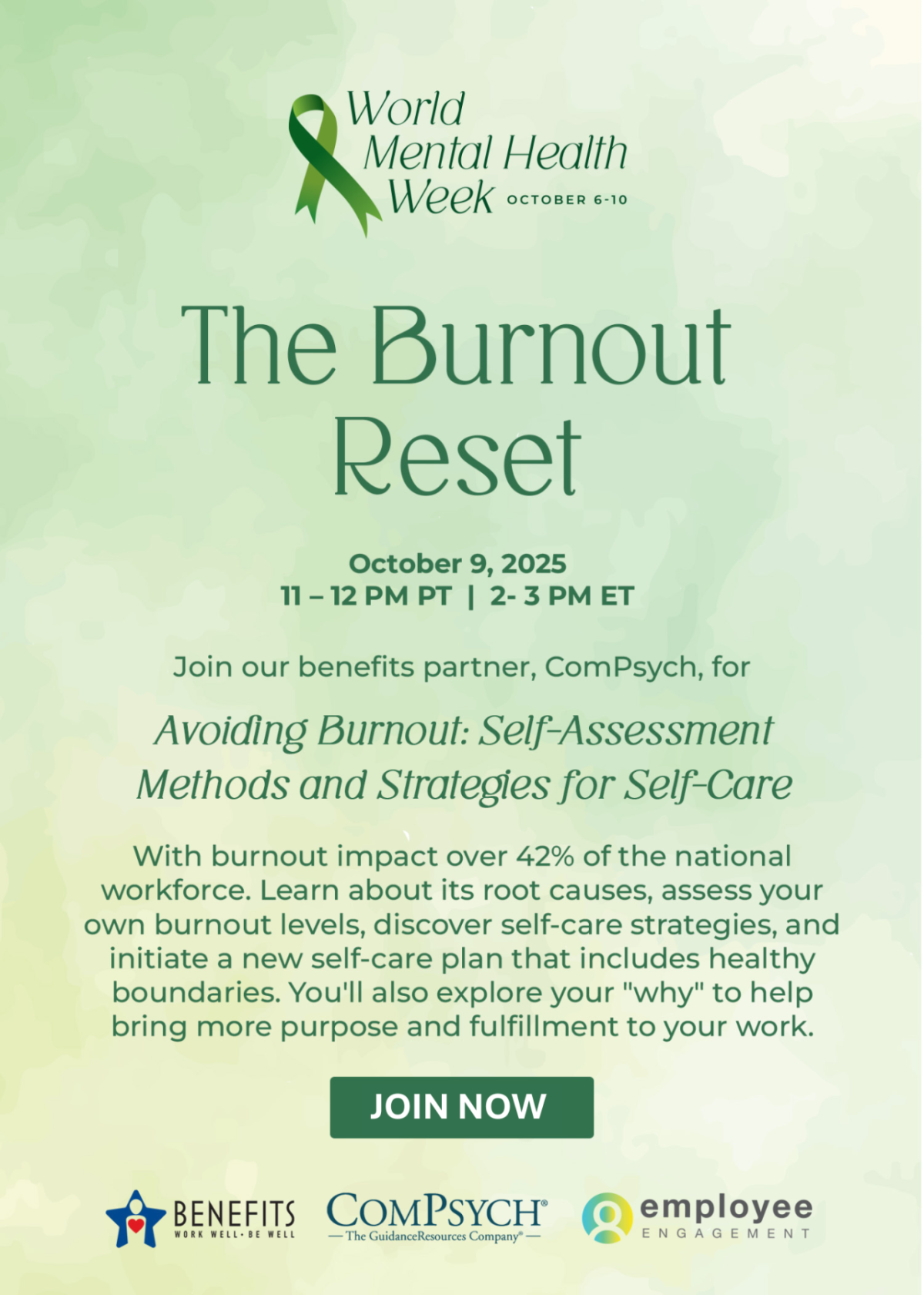 AEG partnered with ComPsych to host a special employee webinar titled “Avoiding Burnout: Self-Assessment Methods and Strategies for Self-Care.” " "