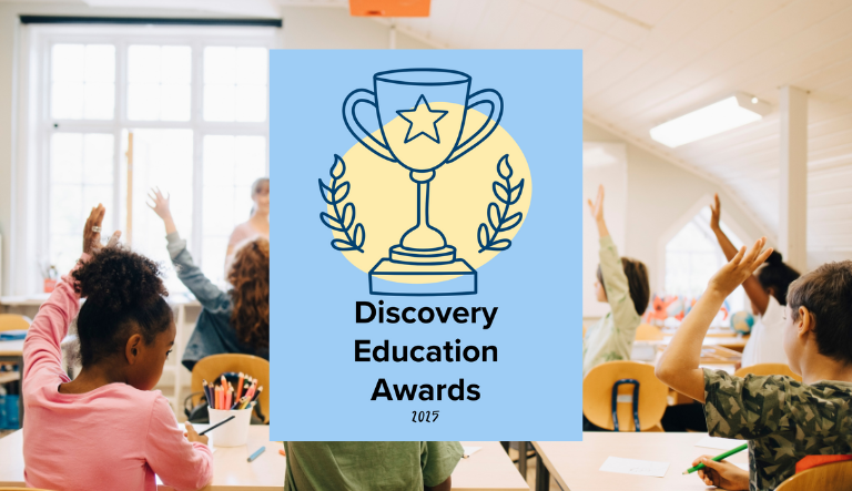 children in a class with "Discovery Education Awards" logo