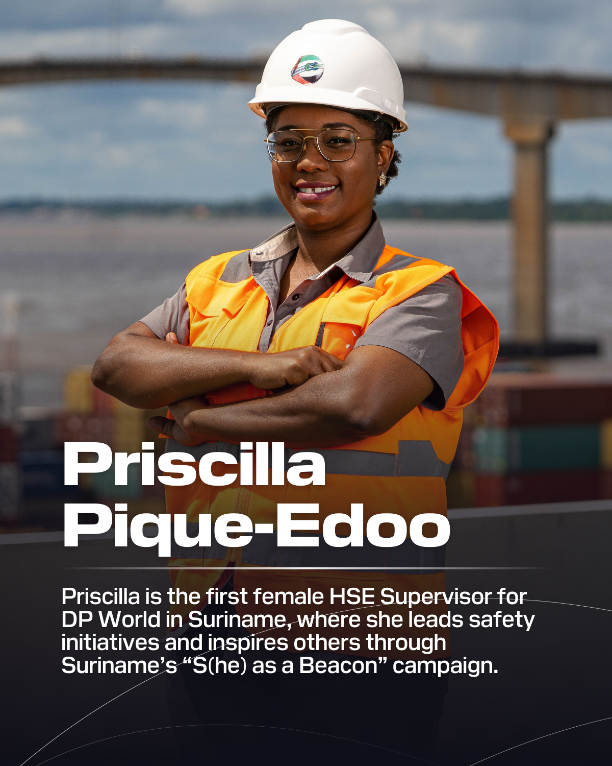 Priscilla Pique-Edoo wearing a hardhat and orange vest