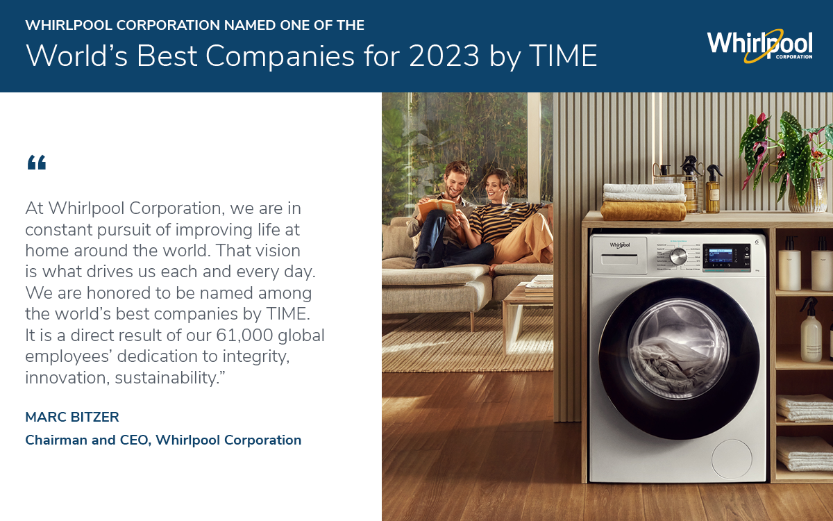 "World's Best Companies for 2023 by TIME" with quote in article and image of washing machine