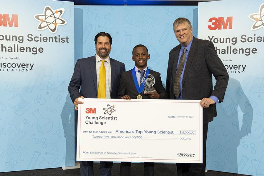 Herman Bekele, winner of the 3M Young Scientist Challenge. Herman shown with his check for $25,000.