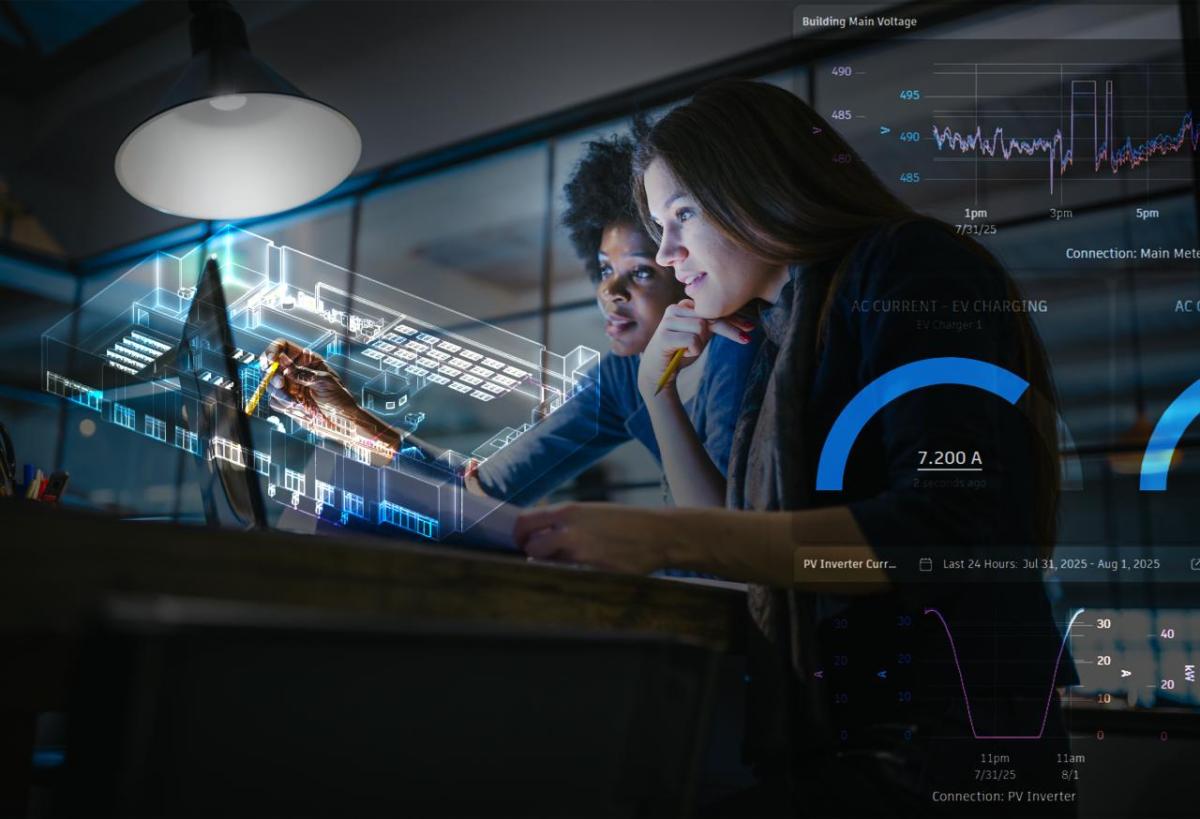 Eaton announces collaboration with Autodesk to deliver AI-powered digital energy twin and software tools for building and data center infrastructure. (Image credit: Eaton) Two people looking at a screen