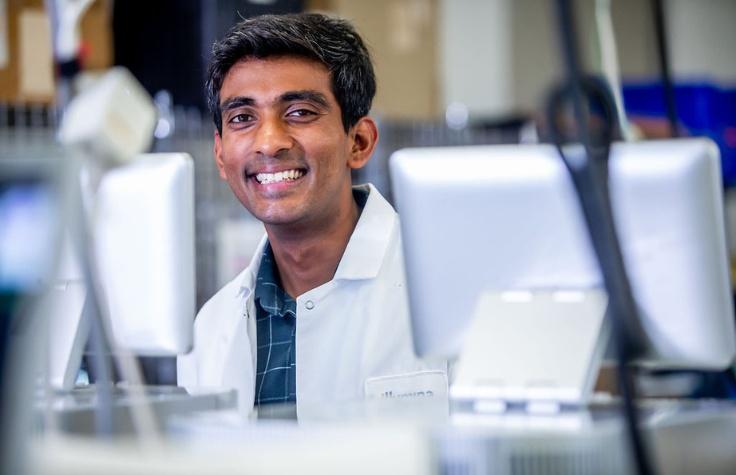 Illumina software project lead Aneesh Natarajan in a lab at the San Diego headquarters. | Photo: Kristy Walker