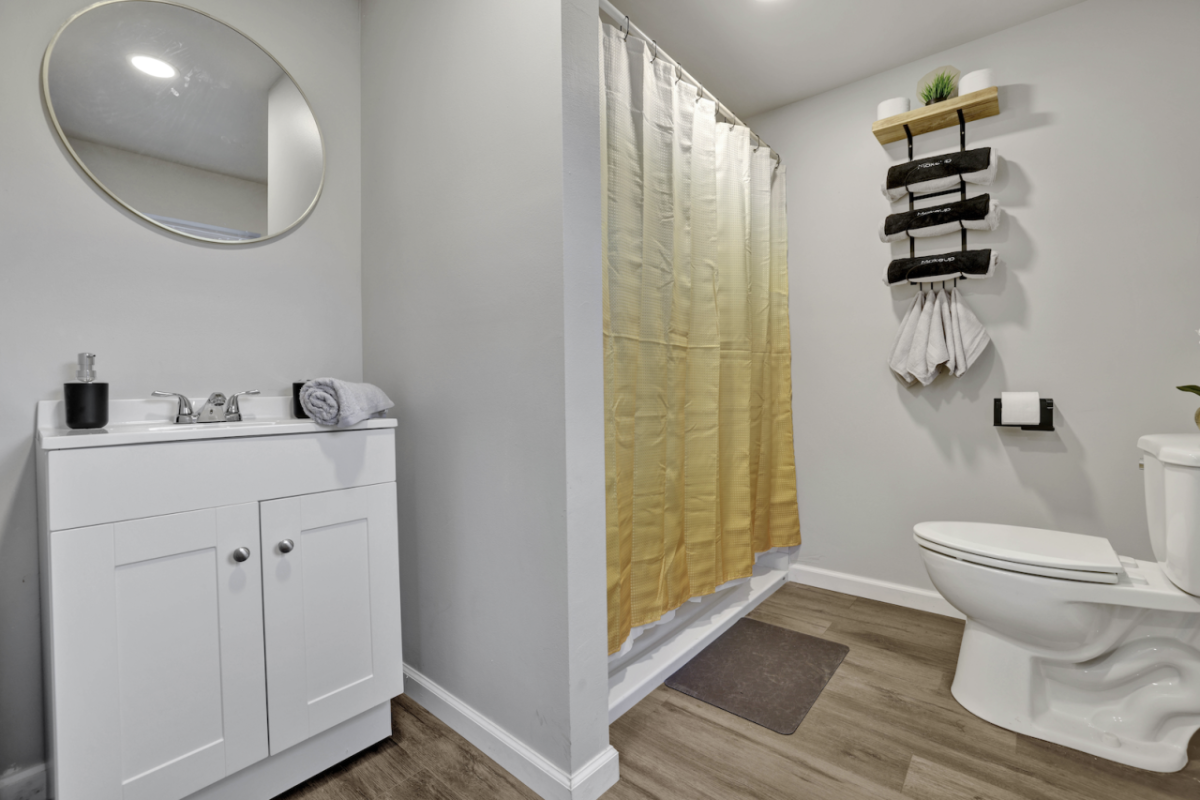 Bathroom of up-cycled shipping container rental at ekō Outpost properties