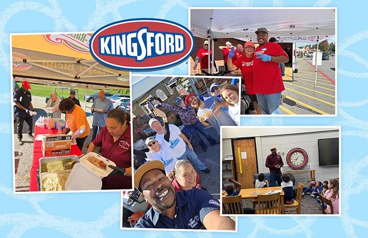 Collage of volunteers cooking and people getting food. Kingsford logo on top.