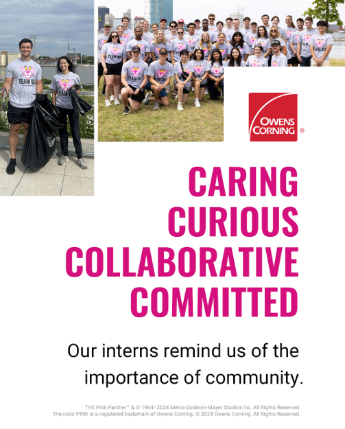 Collage of a group of volunteers posed together and others with trash bags. "Caring Curious Collaborative Committed Our interns remind us of the importance of community." 