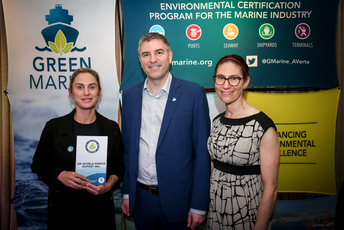(left to right) Bronwyn Pountney (Environment Manager, DP World), David Bolduc (President and CEO of Green Marine), and Eleanor Kirtley (Senior Program Manager, Green Marine) accepting Green Marine recertification for Prince Ruport Port " "