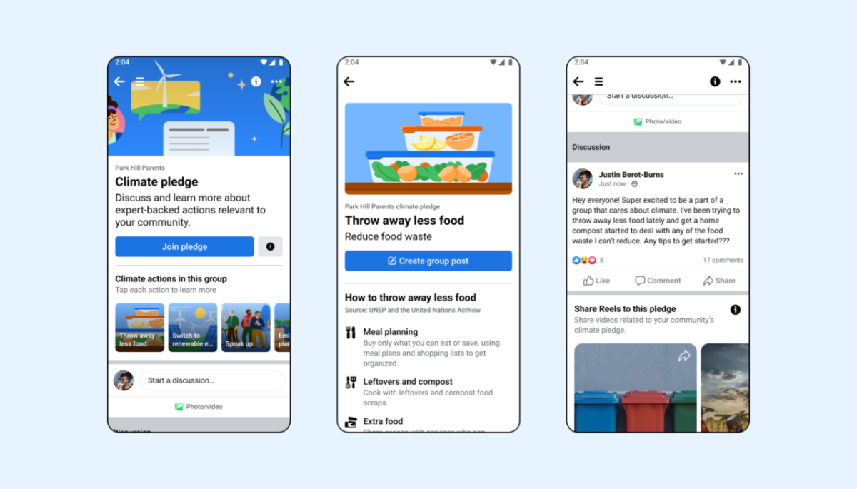 Three phone screens showing climate pledge content