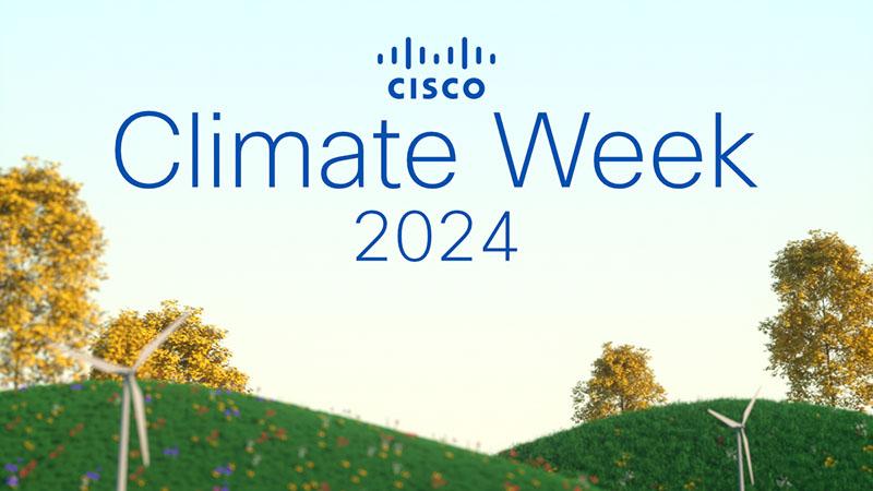 "Climate Week 2024" over a landscape of hills and trees.