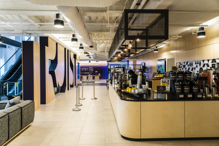 Enderly coffee shop and Truist bank lobby.