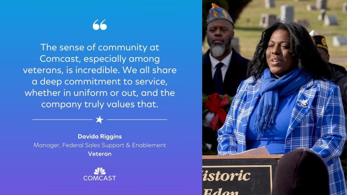 Davida Riggins speaking from a podium. Text: The sense of community at Comcast, especially among veterans, is incredible. We all share a deep commitment to service, and the company truly values that.