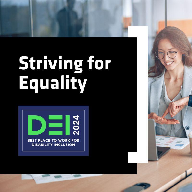 "Striving for Equality" DEI 2024 badge. A person using sign language in front of a laptop in the background.