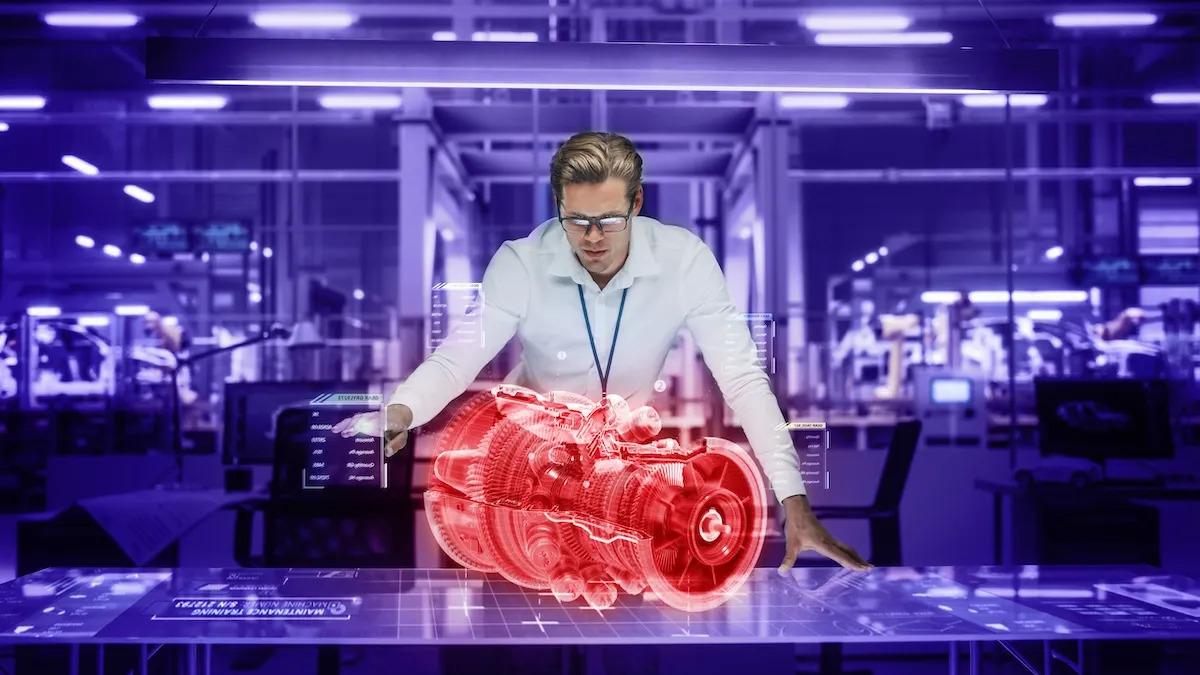 A person interacting with a digital piece of equipment. A blue filter over the office and skyline background.