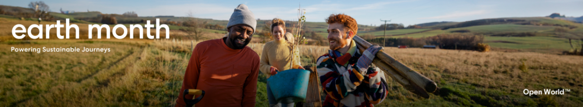 "earth month Powering Sustainable Journeys" Three people walking in a field, carrying gardening tools.