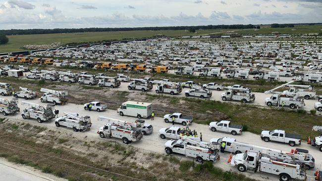 Utility trucks lined up