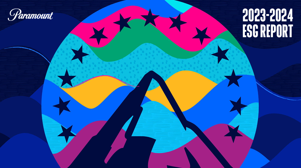 "2023-2024 ESG Report" Paramount logo on a colorful background is central.