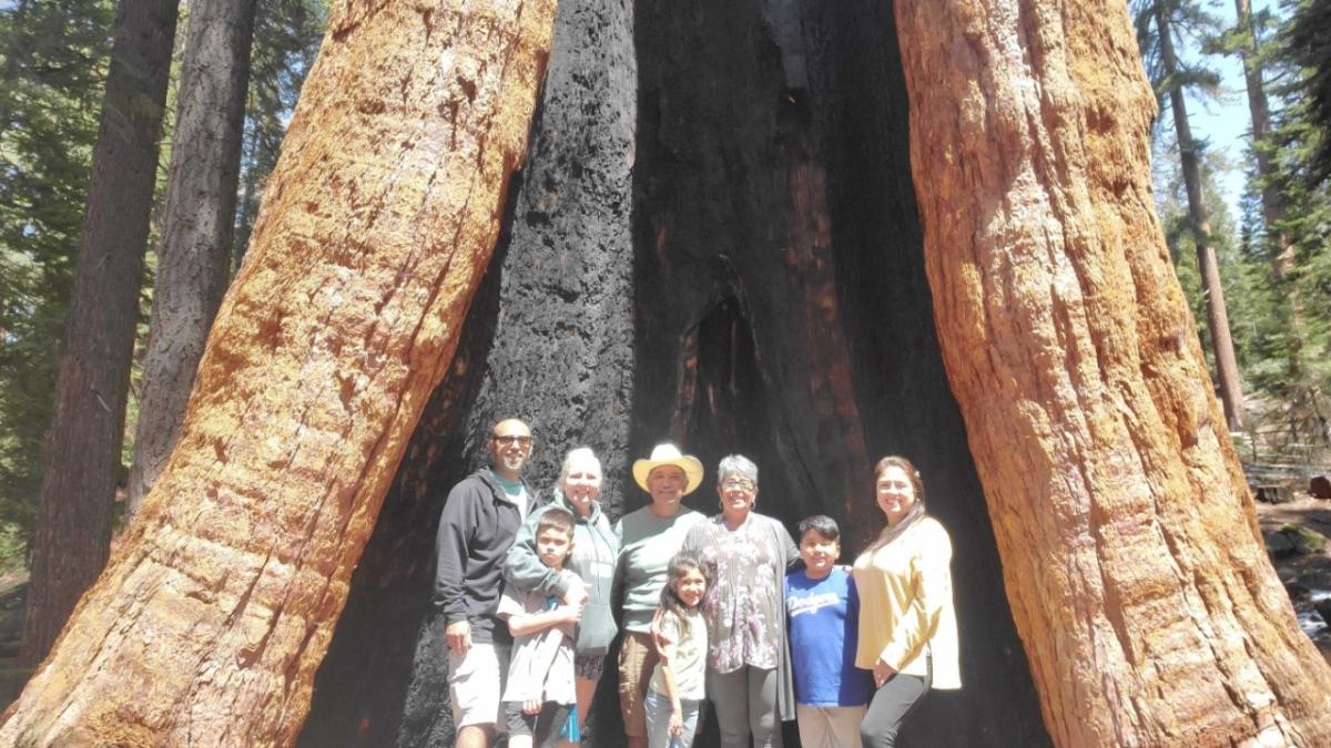 Robert and his family under a tall tree