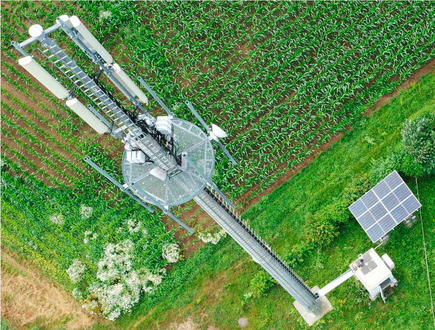 aerial view of cell tower in a field of crops