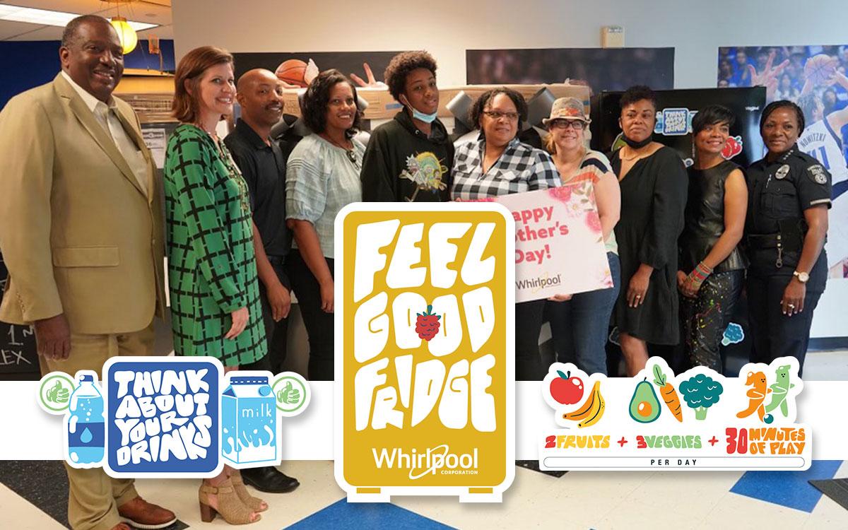 Photo of people posing with text "Feel good Fridge" Whirlpool Corporation