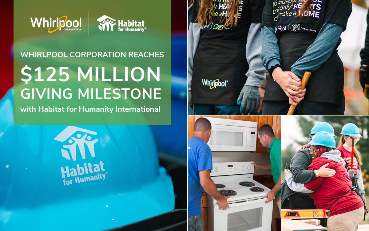 Collage of four images. "Whirlpool Corporation reaches $125 Million Giving Milestone" Other images of people installing appliances, hugging others and standing with hand tools and hard hats on.