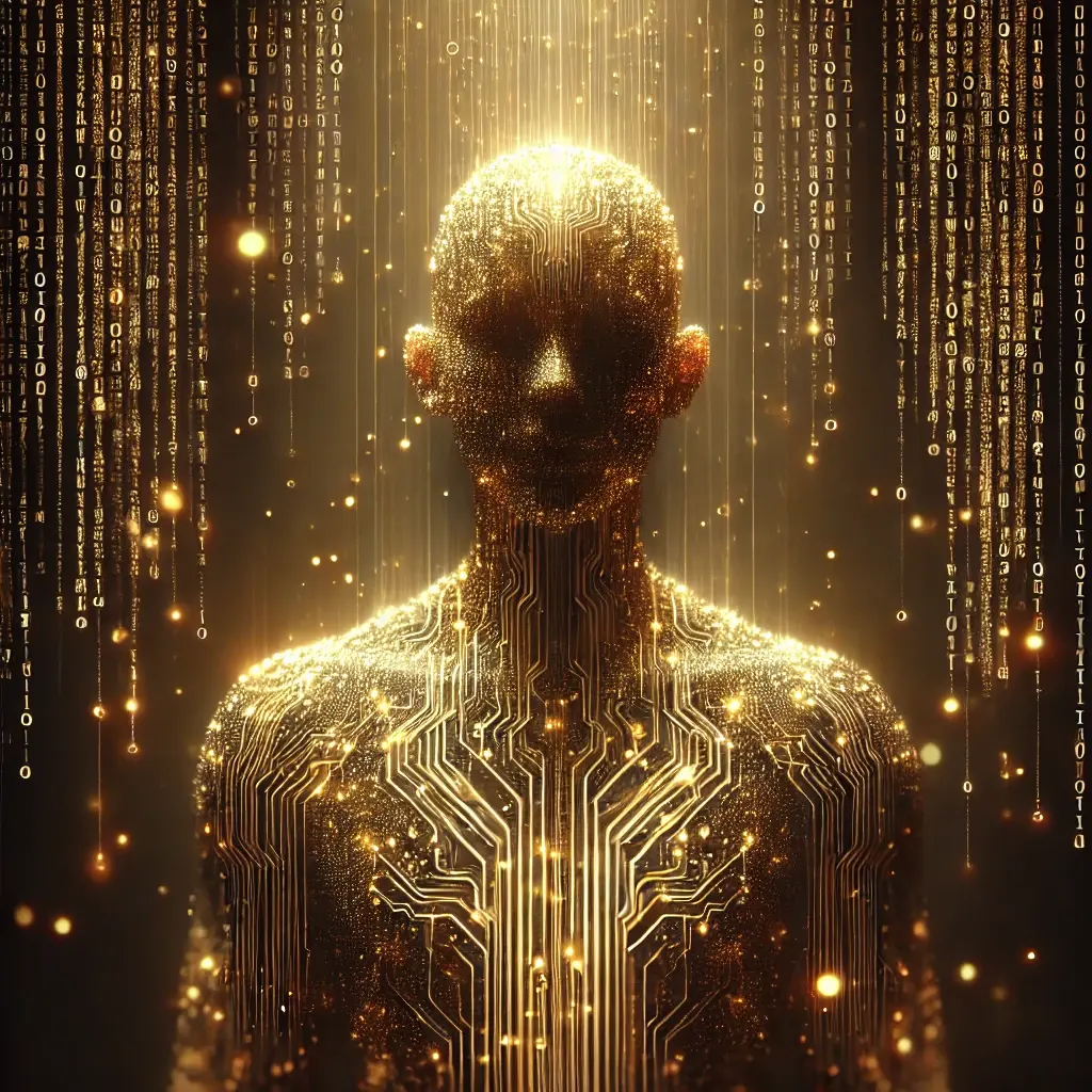 A human form overlaid with an image of golden circuitry and binary numbers