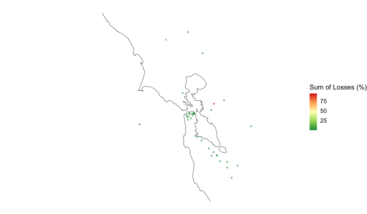 map of losses for bank A, largely based in the San Francisco Bay Area