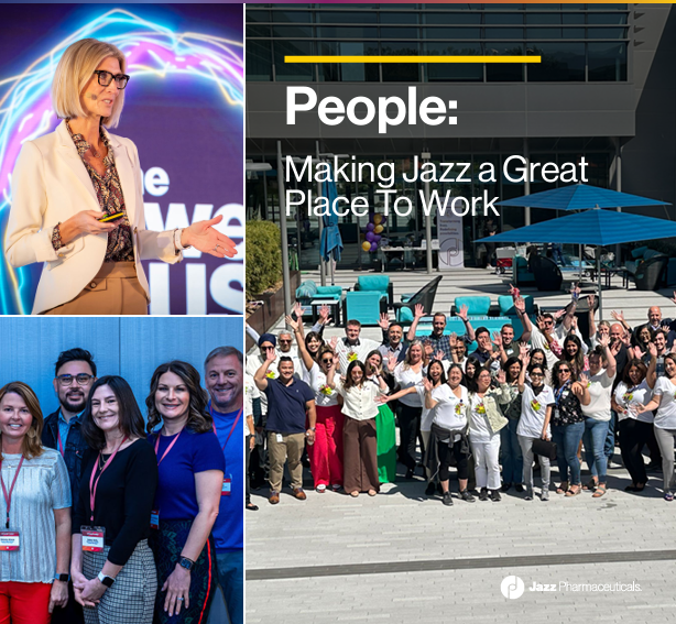 Collage of a person speaking, a small group posed together, and a large group posed with arms up high. "People: Making Jazz a great place to work" 