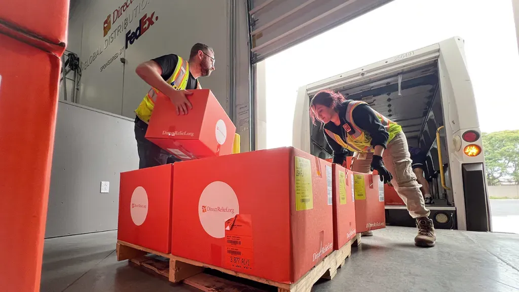 Emergency medical aid departs Direct Relief’s warehouse on Sept. 30, 2024, bound for Evara Health in Clearwater, Fla. The shipment included 23 field medic packs for care outside clinic walls and personal care items for people displaced by Hurricane Helene. (Photo by Lara Cooper/Direct Relief)