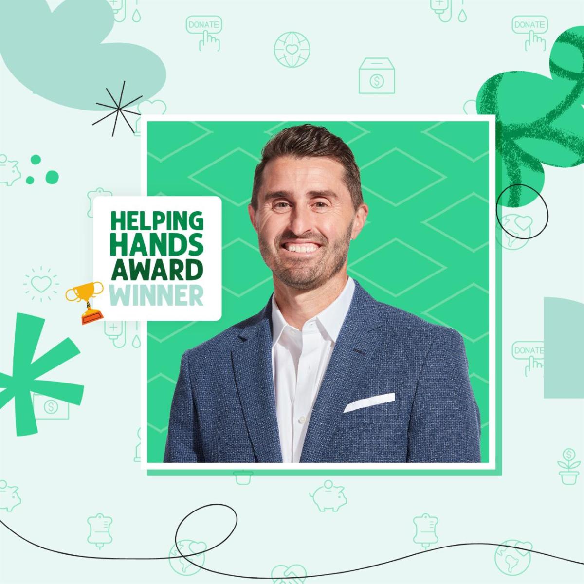 "Helping Hands Award Winner" and profile.