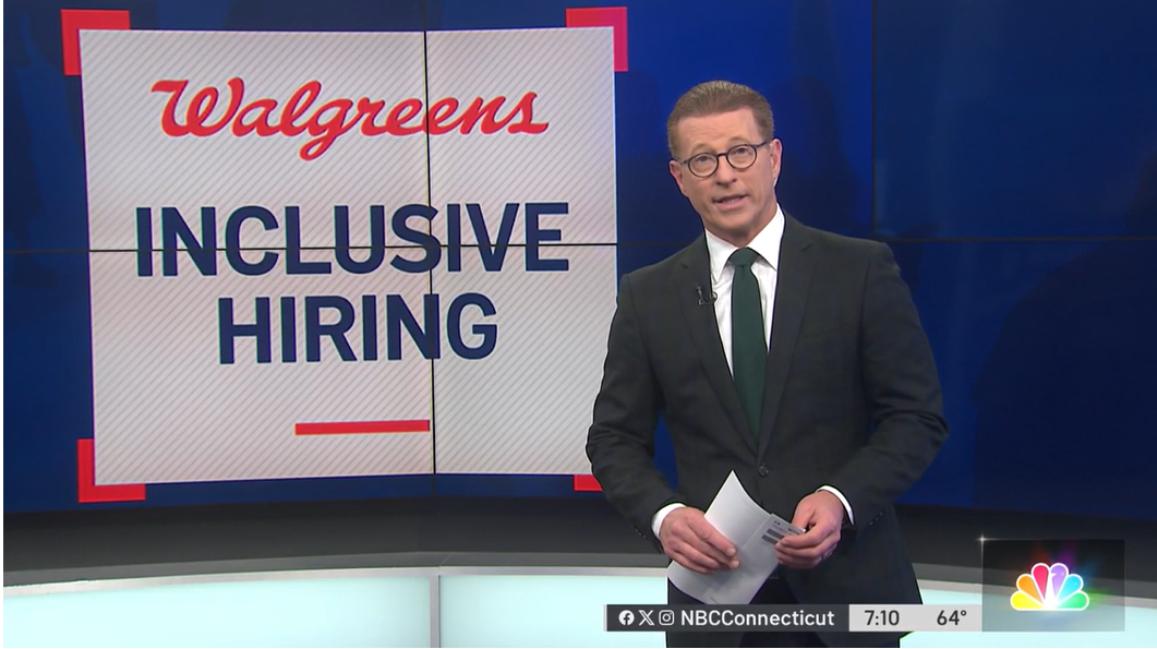 A news anchor with digital screen behind them "Walgreens inclusive hiring".