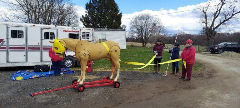 Three people with straps attached to a fake full-size horse outside.