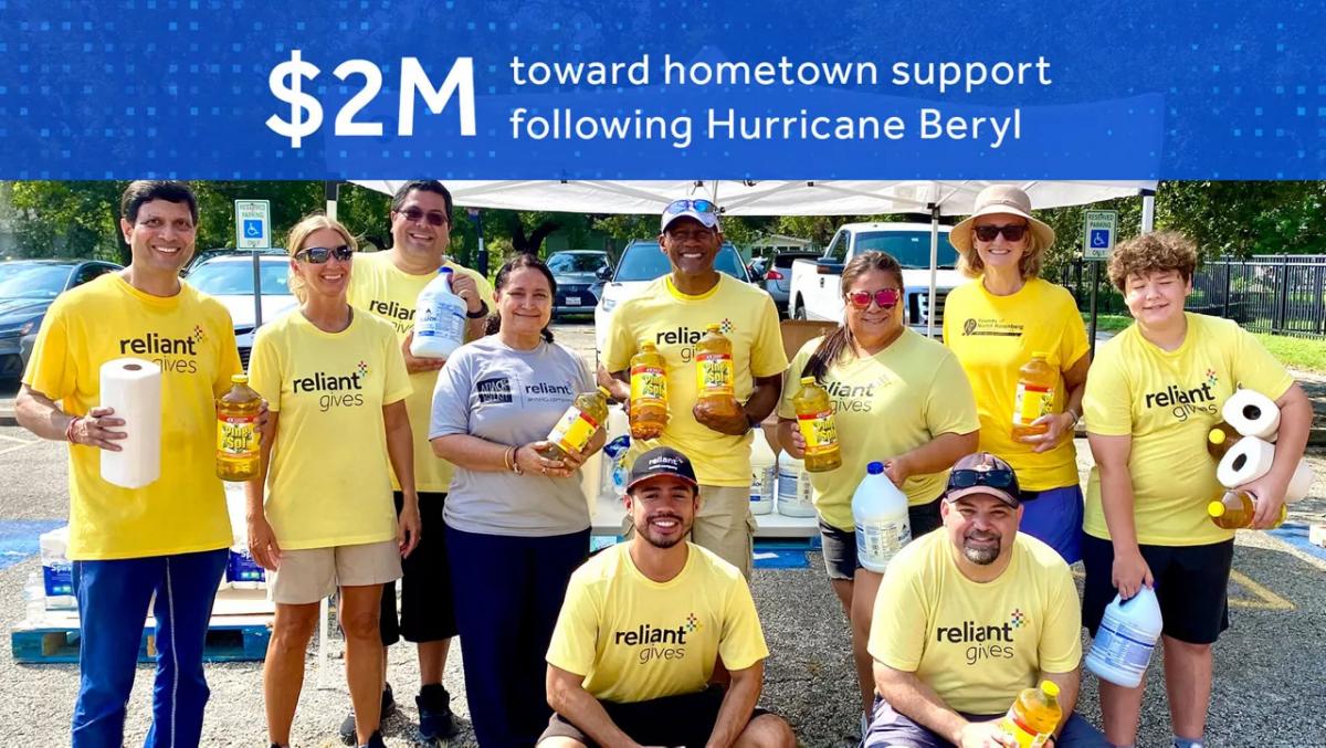 "$2M toward hometown support following Hurricane Beryl" and volunteers posed with water bottles, paper supplies.