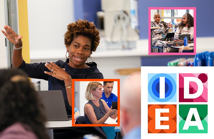 Collage of a person speaking and using hand gestures to others, pairs of people working together, and IDEA in colorful blocks.