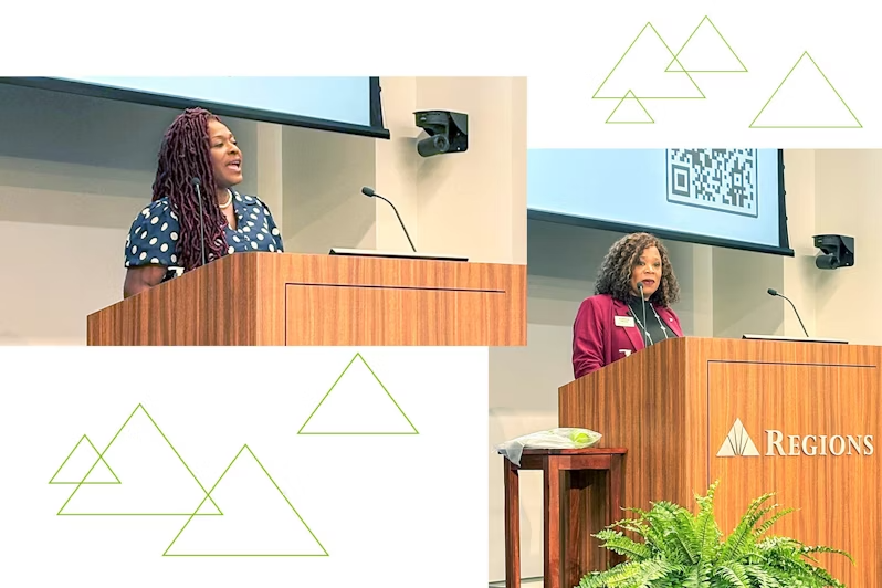 Collage including two separate speakers at a podium