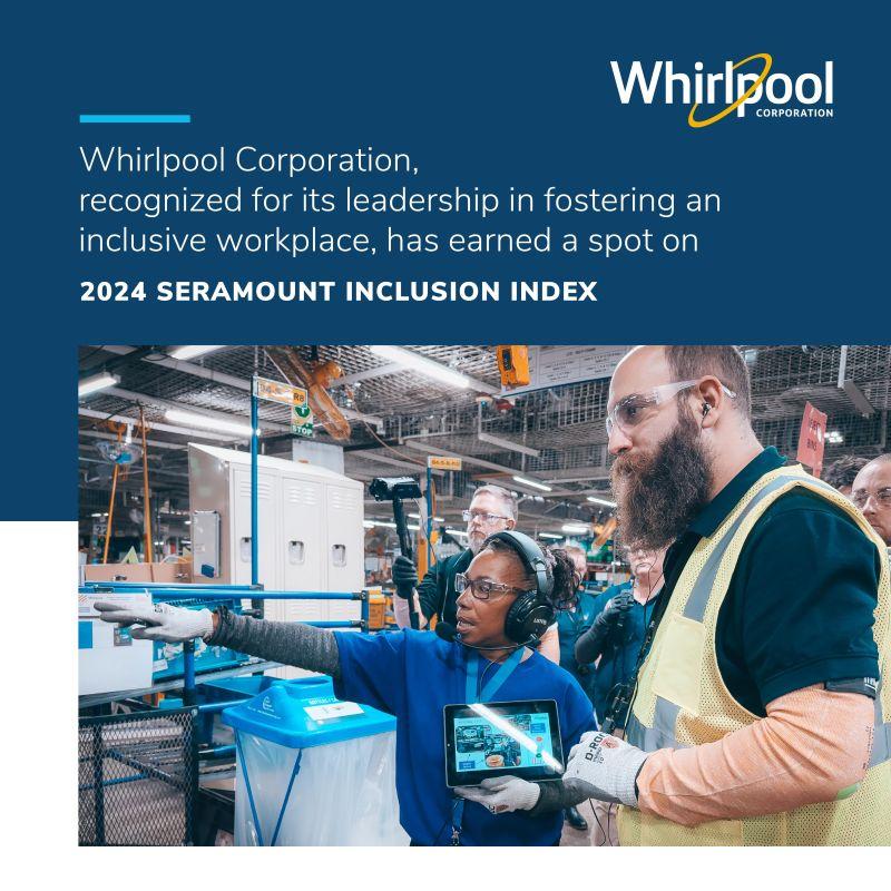 People gathered, wearing safety gear, one pointing to the distance and others looking there. "Whirlpool corporation, recognized for its leadership in fostering an inclusive workplace, has earned a spot on 2024 Seramount Inclusion Index".